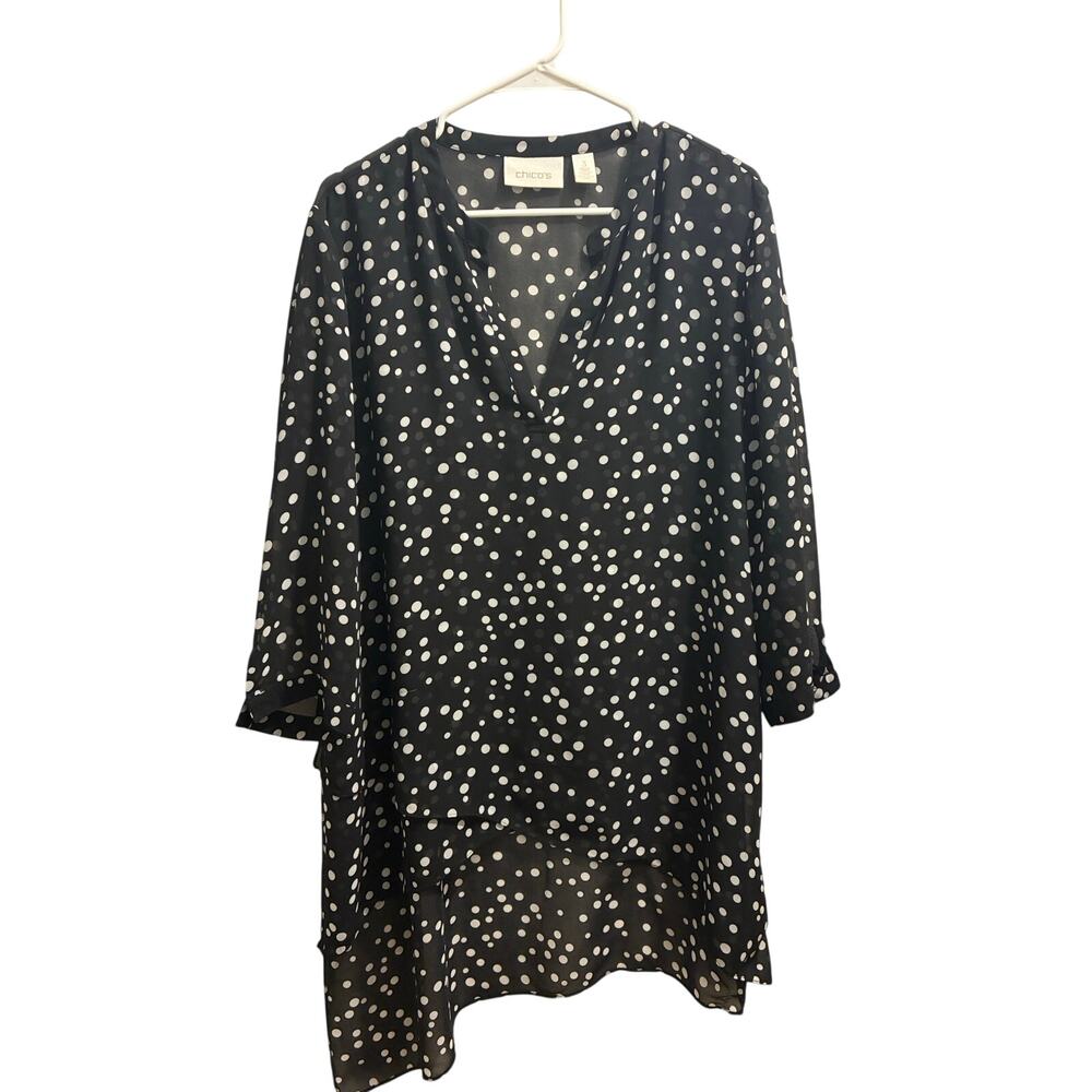 Chico's Black & White Polka Dot Chiffon V-Neck Tunic Blouse
